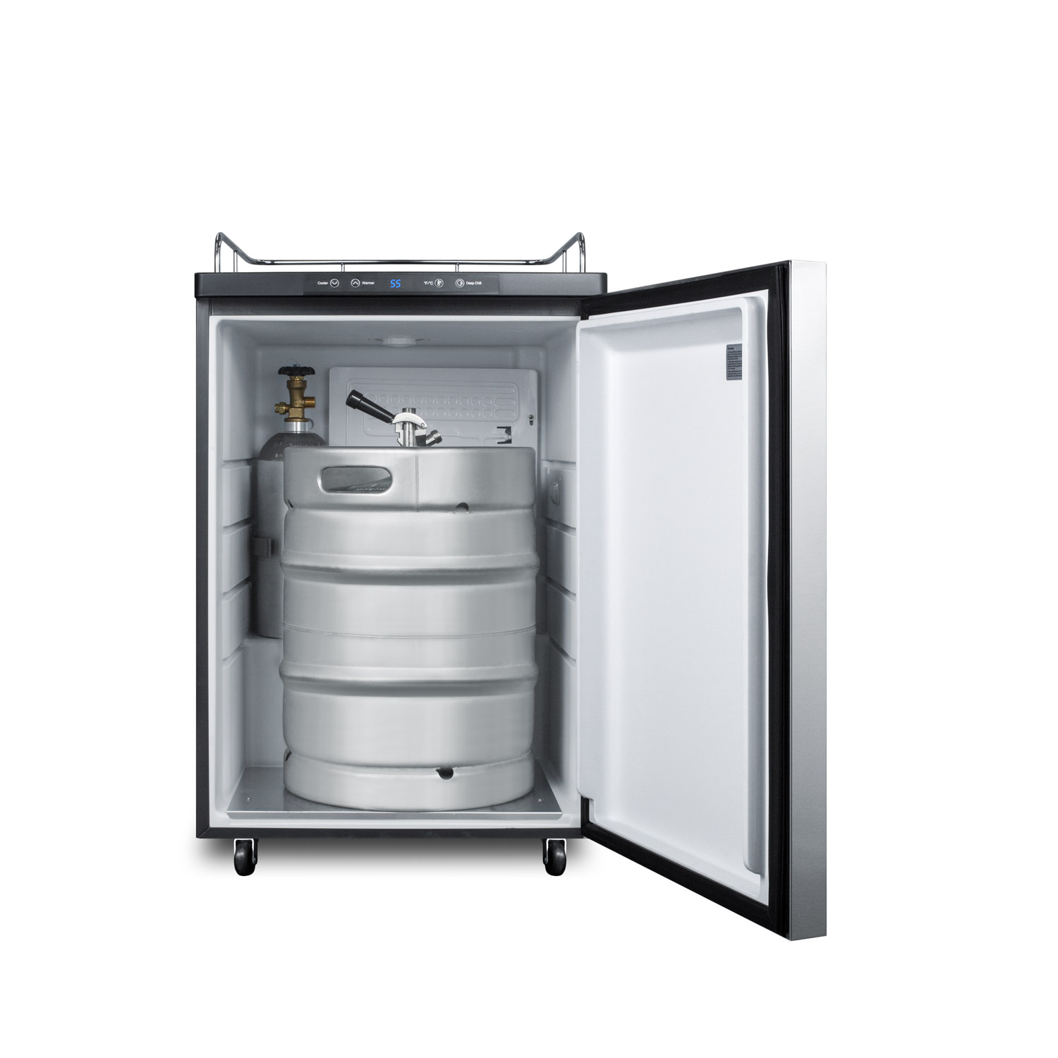 Freestanding residential beer dispenser, auto defrost w/digital thermostat, SS door, horizontal handle, and black cabinet; no tapping equipment included